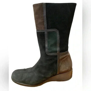 Aquatalia Black/Brown Green Suede ColourBlock Wedge  Italian Boots Size 10
